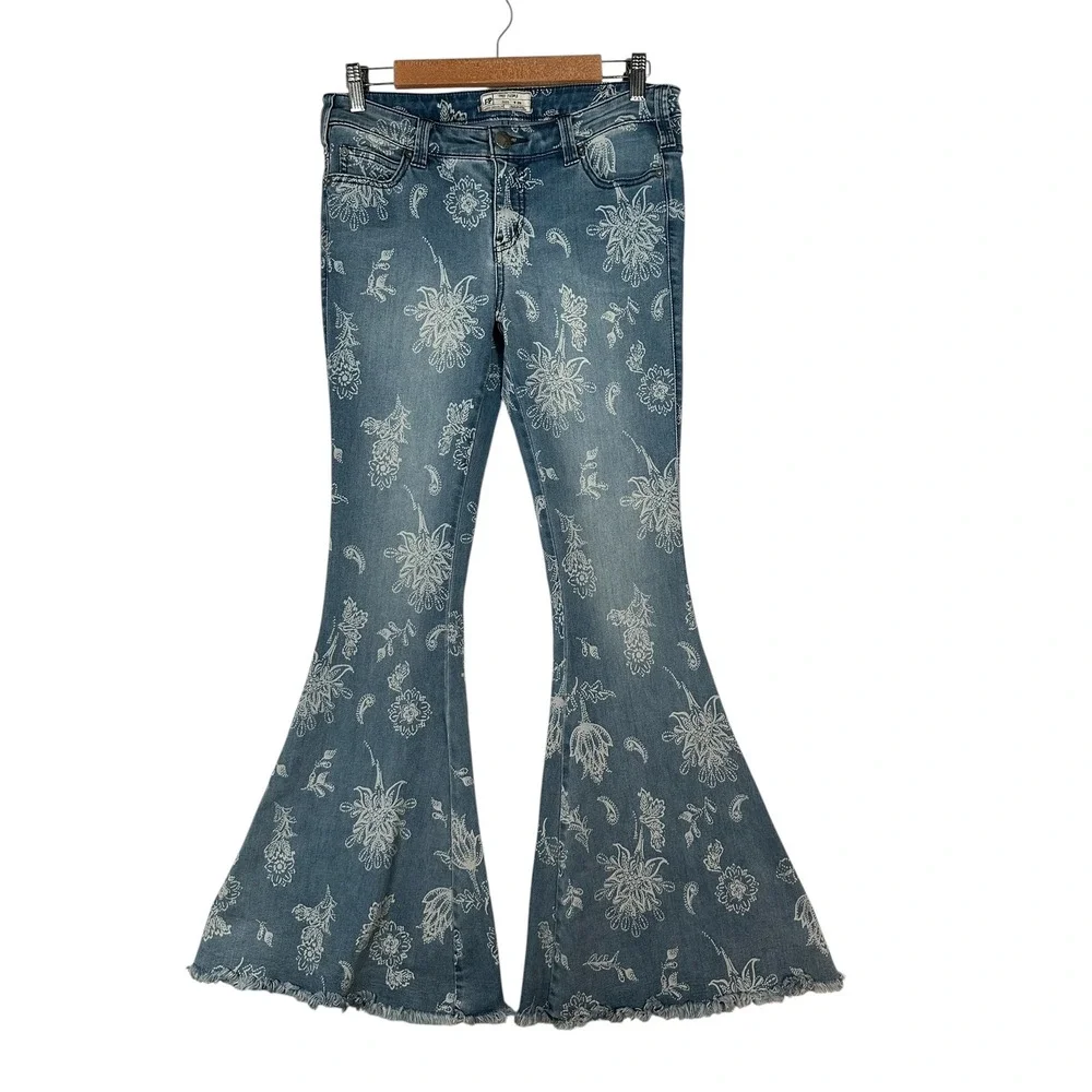 Free People Just Float On Printed Flare Jeans Floral Paisley Blue 29 Raw Hem